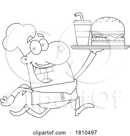 Chef with Fast Food Black and White Clipart Cartoon by Hit Toon