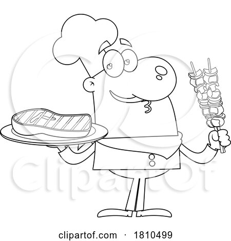 Chef with Steak and Kebabs Black and White Clipart Cartoon by Hit Toon