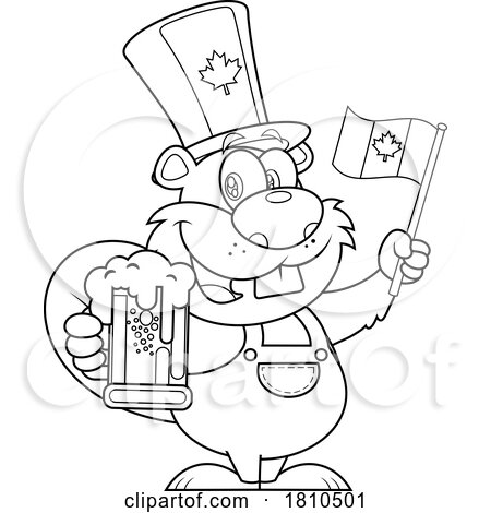 Canadian Beaver with a Flag and Beer Black and White Clipart Cartoon by Hit Toon