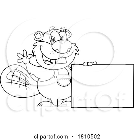 Worker Beaver with a Blank Sign Black and White Clipart Cartoon by Hit Toon