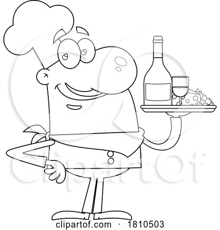 Chef with Wine and Cheese Black and White Clipart Cartoon by Hit Toon