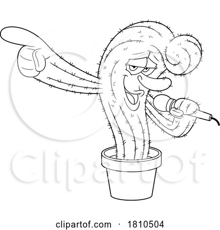 Cactus Mascot Singing Black and White Clipart Cartoon by Hit Toon
