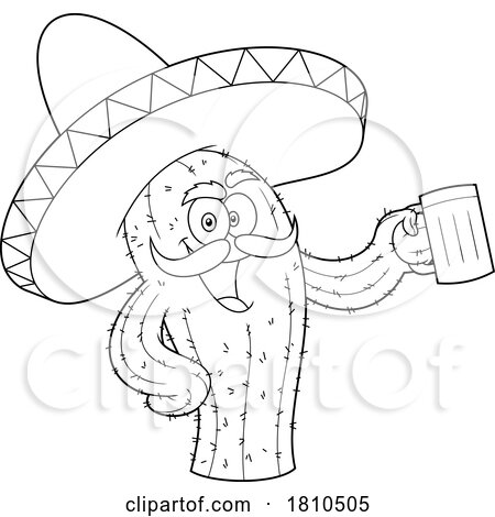 Mexican Cactus Mascot with a Beer Black and White Clipart Cartoon by Hit Toon