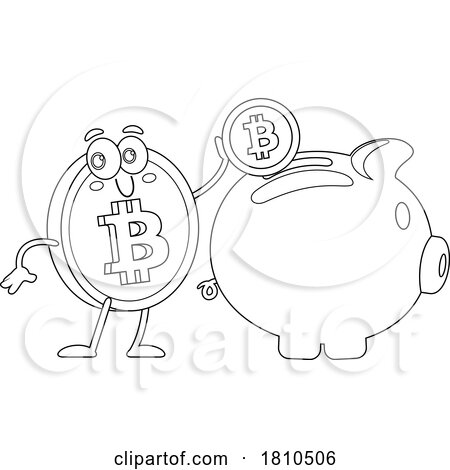 Bitcoin Mascot Making a Piggy Bank Deposit Black and White Clipart Cartoon by Hit Toon