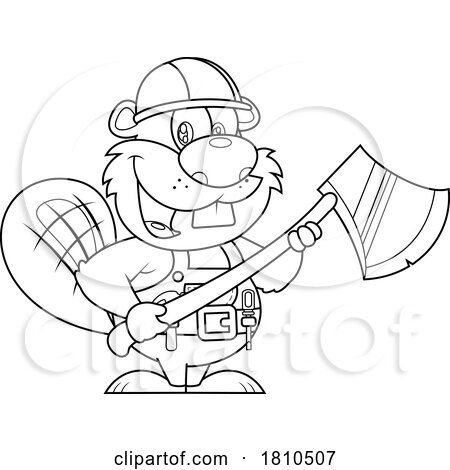 Worker Beaver Holding an Axe Black and White Clipart Cartoon by Hit Toon