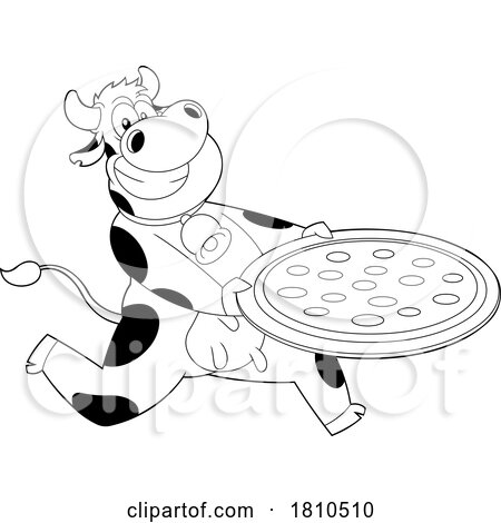 Cow Mascot with Pizza Black and White Clipart Cartoon by Hit Toon
