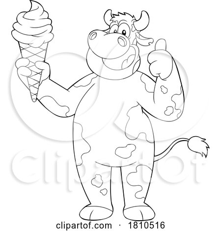 Cow Mascot with Ice Cream Black and White Clipart Cartoon by Hit Toon