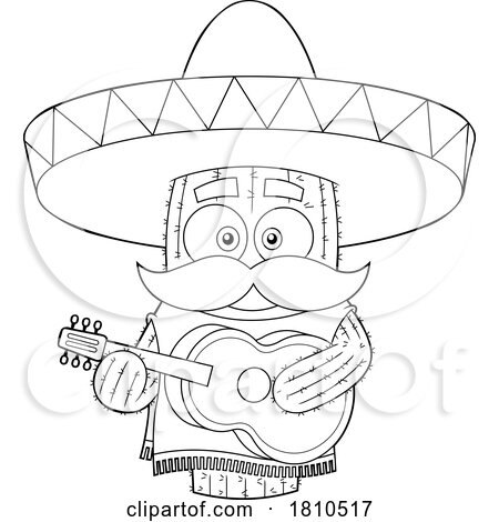 Mexican Cactus Mascot Playing a Guitar Black and White Clipart Cartoon by Hit Toon