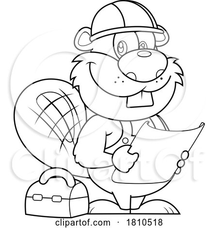 Worker Beaver Holding Holding Blueprints Black and White Clipart Cartoon by Hit Toon
