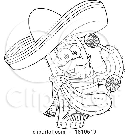 Mexican Cactus Mascot Playing Maracas Black and White Clipart Cartoon by Hit Toon