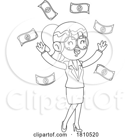 Money Raining down on a Business Woman Black and White Clipart Cartoon by Hit Toon