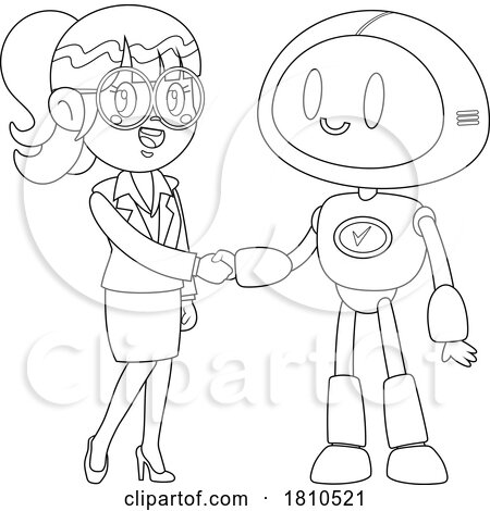 Business Woman Meeting a Robot Black and White Clipart Cartoon by Hit Toon