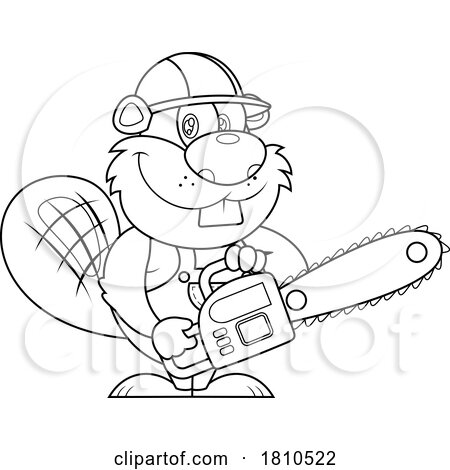 Worker Beaver Holding a Chainsaw Black and White Clipart Cartoon by Hit Toon
