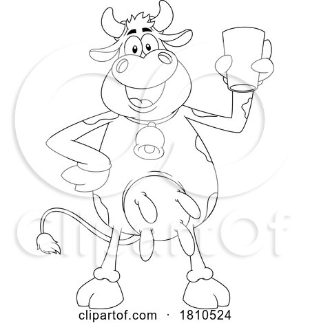 Cow Mascot with a Glass of Milk Black and White Clipart Cartoon by Hit Toon