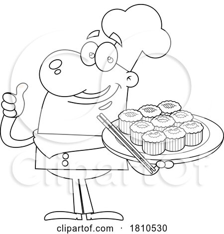 Chef with Sushi Black and White Clipart Cartoon by Hit Toon