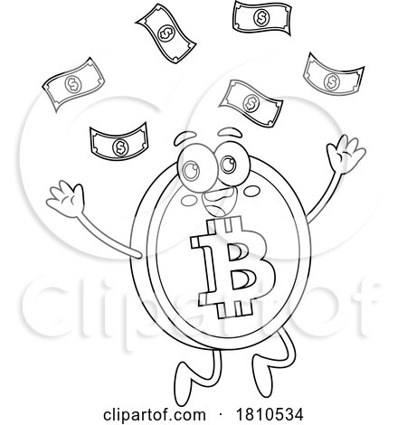 Bitcoin Mascot with Cash Black and White Clipart Cartoon by Hit Toon