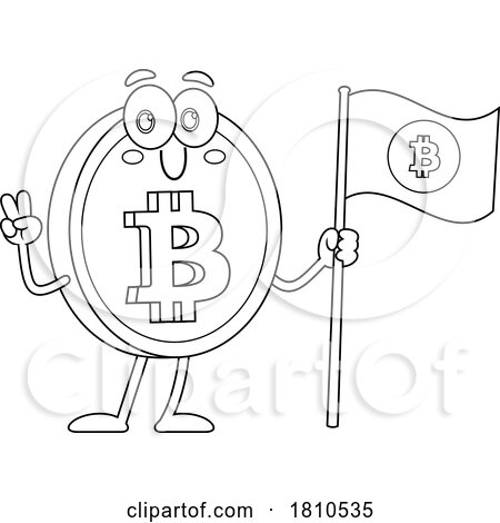 Bitcoin Mascot with a Flag Black and White Clipart Cartoon by Hit Toon