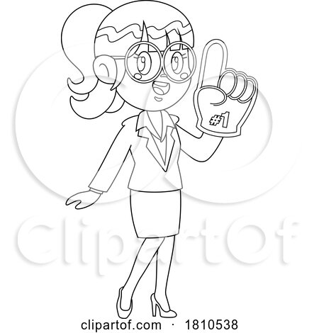 Business Woman with a Foam Finger Black and White Clipart Cartoon by Hit Toon
