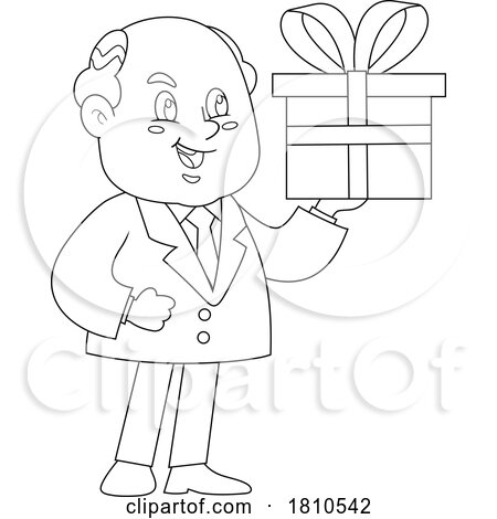 Business Man Holding a Gift Black and White Clipart Cartoon by Hit Toon