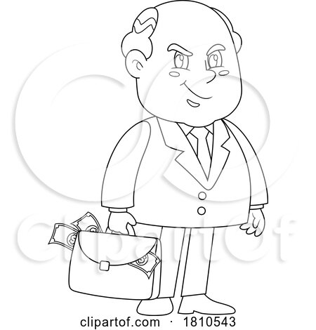 Shady Businessman with Briefcase of Cash Black and White Clipart Cartoon by Hit Toon