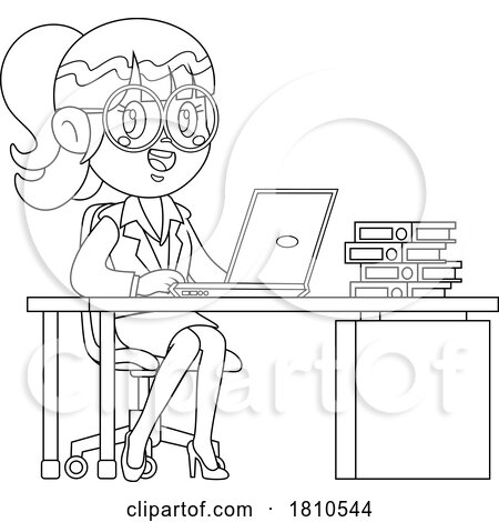 Business Woman at a Desk Black and White Clipart Cartoon by Hit Toon