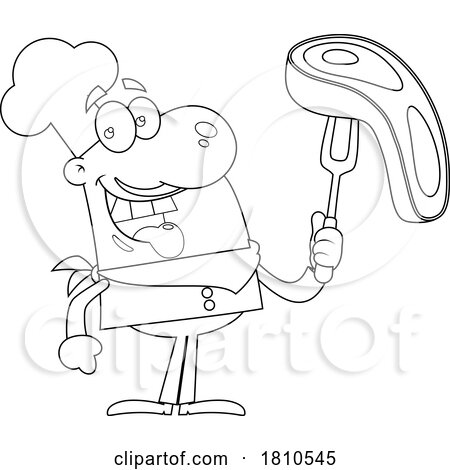 Chef with Steak Black and White Clipart Cartoon by Hit Toon