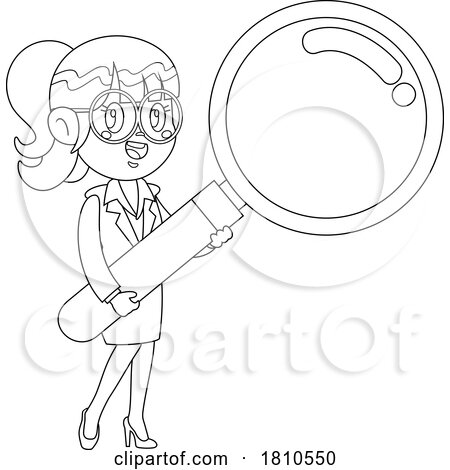 Business Woman Holding a Magnifying Glass Black and White Clipart Cartoon by Hit Toon