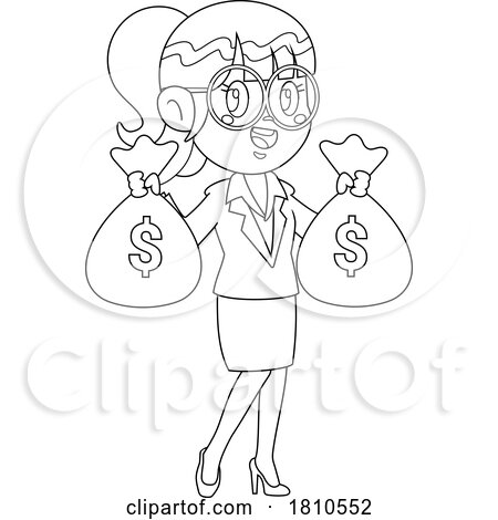 Business Woman with Money Bags Black and White Clipart Cartoon by Hit Toon