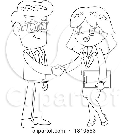 Businessman and Woman Shaking Hands Black and White Clipart Cartoon by Hit Toon