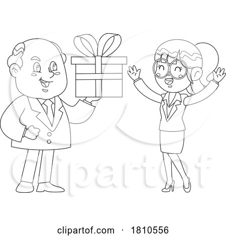 Boss Giving an Employee a Gift Black and White Clipart Cartoon by Hit Toon