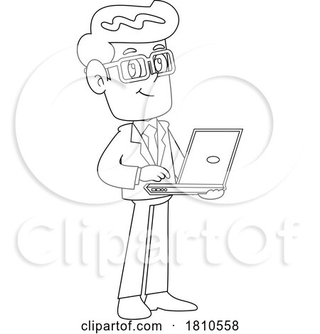 Businessman Using a Laptop Black and White Clipart Cartoon by Hit Toon