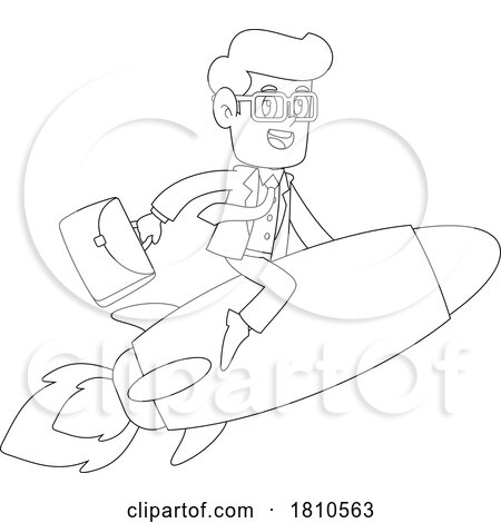 Businessman on a Rocket Black and White Clipart Cartoon by Hit Toon