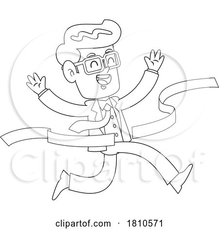 Businessman Breaking Through a Finish Line Black and White Clipart Cartoon by Hit Toon