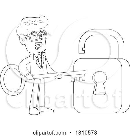 Businessman with a Giant Padlock Black and White Clipart Cartoon by Hit Toon