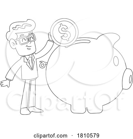 Businessman Making a Piggy Bank Deposit Black and White Clipart Cartoon by Hit Toon