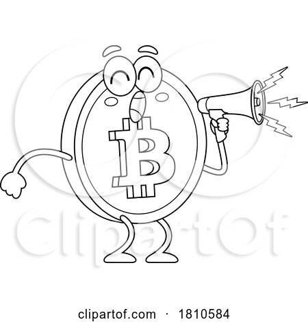 Bitcoin Mascot Using a Megaphone Black and White Clipart Cartoon by Hit Toon