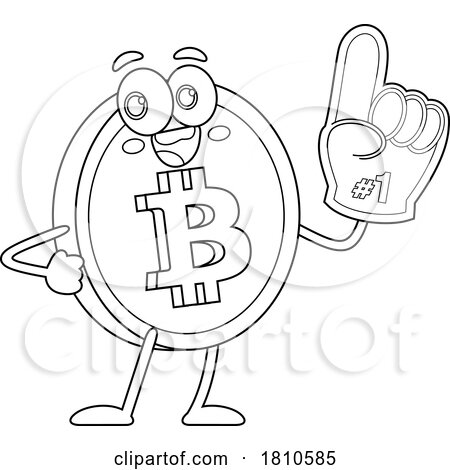 Bitcoin Mascot with a Foam Finger Black and White Clipart Cartoon by Hit Toon