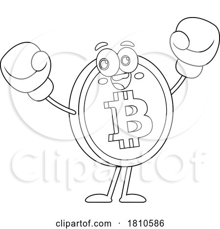 Bitcoin Mascot Wearing Boxing Gloves Black and White Clipart Cartoon by Hit Toon
