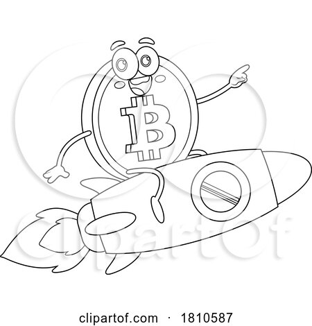Bitcoin Mascot on a Rocket Black and White Clipart Cartoon by Hit Toon