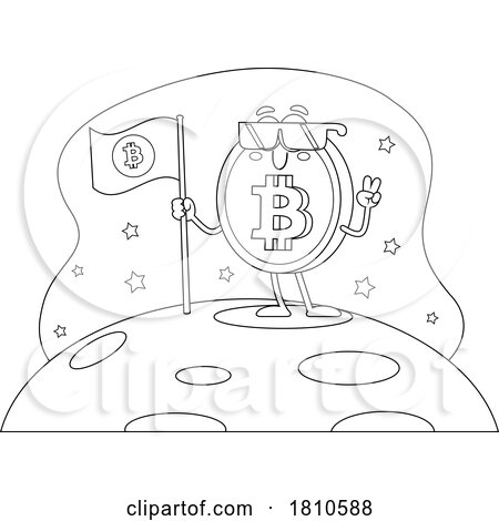 Bitcoin Mascot on a Planet Black and White Clipart Cartoon by Hit Toon