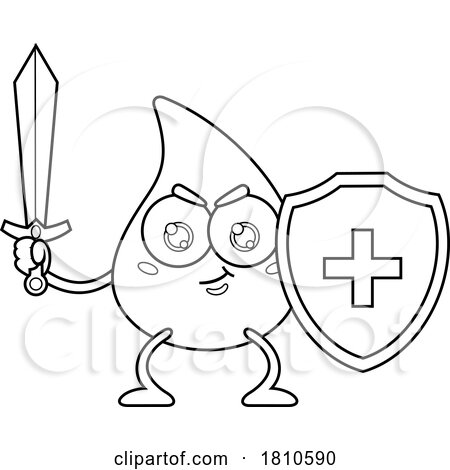 Blood Drop Mascot with Shield and Sword Black and White Clipart Cartoon by Hit Toon