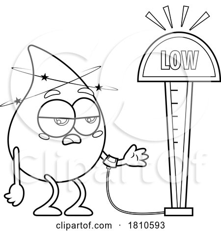 Blood Drop Mascot with Low Warning Black and White Clipart Cartoon by Hit Toon