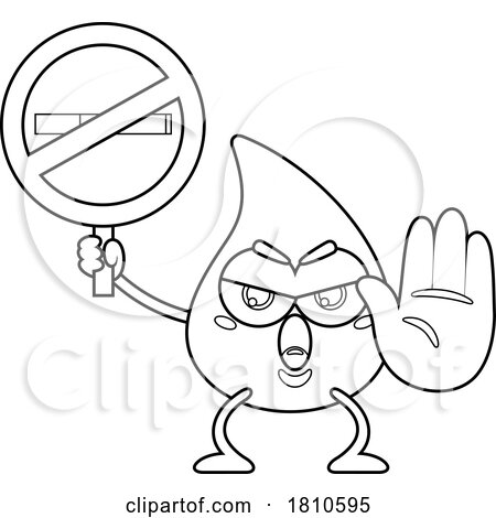 Blood Drop Mascot with No Smoking Sign Black and White Clipart Cartoon by Hit Toon