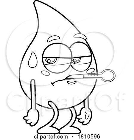 Sick Blood Drop Mascot Black and White Clipart Cartoon by Hit Toon