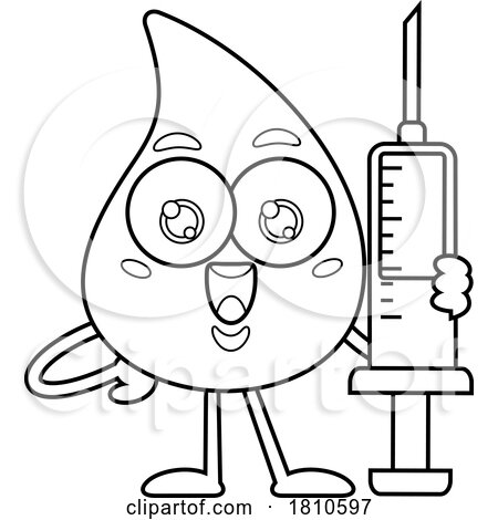 Blood Drop Mascot with Syringe Black and White Clipart Cartoon by Hit Toon