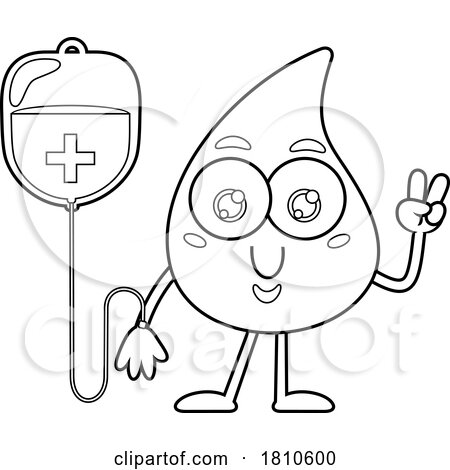 Blood Drop Mascot Getting Transfusion or Donating Black and White Clipart Cartoon by Hit Toon