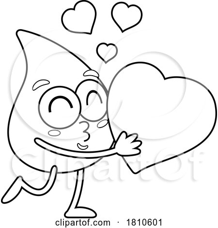Blood Drop Mascot Hugging a Heart Black and White Clipart Cartoon by Hit Toon