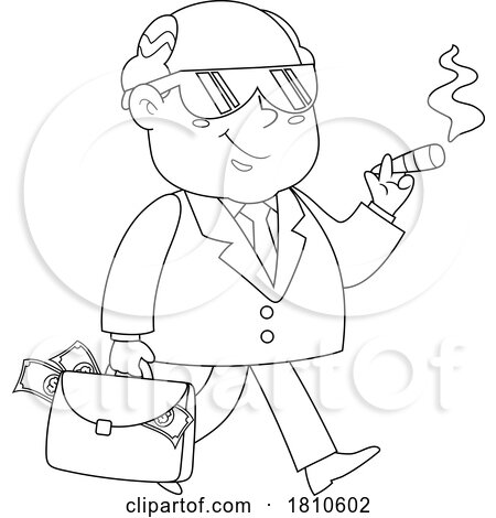 Shady Businessman with Cash in a Briefcase Black and White Clipart Cartoon by Hit Toon