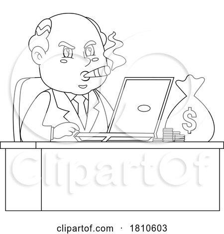 Shady Businessman with Moneybag on Desk Black and White Clipart Cartoon by Hit Toon