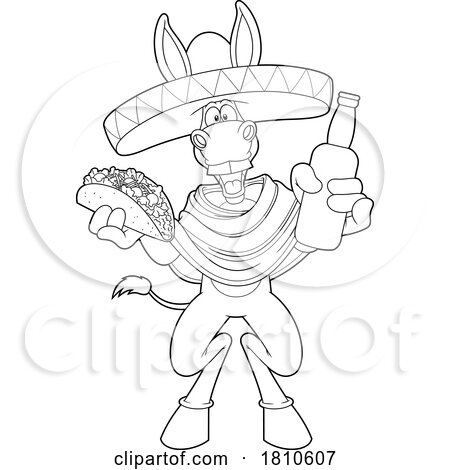 Mexican Donkey Mascot with Beer and a Taco Black and White Clipart Cartoon by Hit Toon